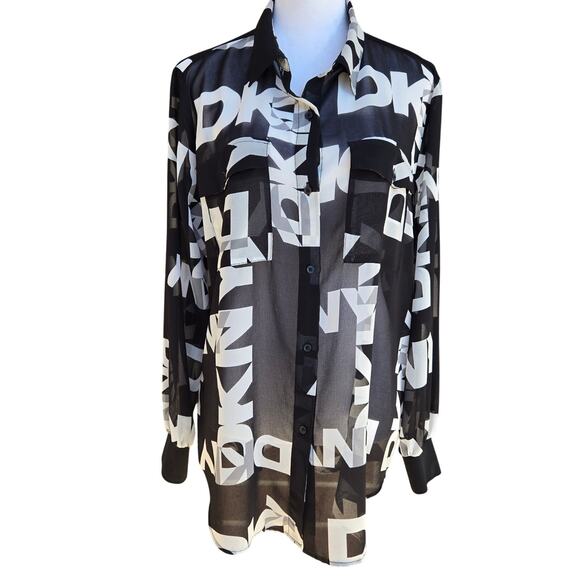 DKNY Logo Long Sleeve Semi-sheer Button-up Blouse Size L NY Style Sophisticated - Picture 1 of 10